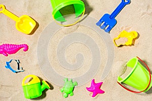 Close up of sand toys kit on summer beach