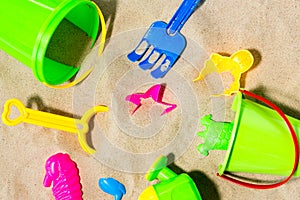 Close up of sand toys kit on summer beach