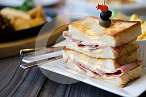 Close-up of sandwich ham cheese served.