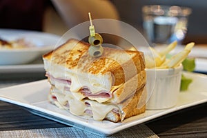 Close-up of sandwich ham cheese served.