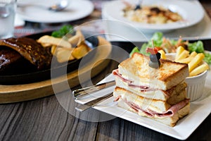 Close-up of sandwich ham cheese served.