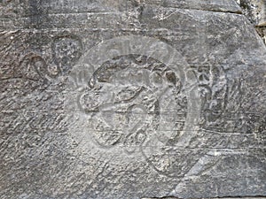 Close-up of Sankha Lipi shell-script inscription on rock face, Udayagiri Caves, Vidisha, India