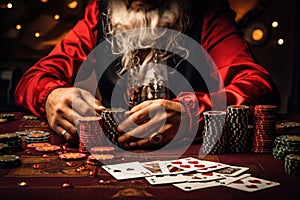 Close-up of Santa Claus playing poker at the table. Christmas background, close up of poker player with playing cards and chips at