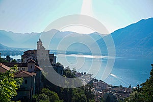 Close-up of Santuario della Madonna del Sasso and Lago Maggiore