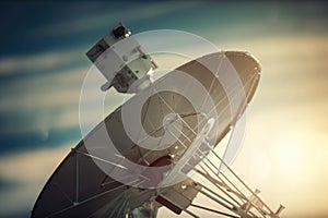 close-up of satellite antenna, transmitting data back to earth