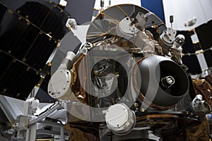 close-up of satellite and spacecraft components, with visible sensors, thrusters and antennas