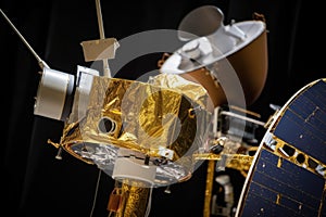 close-up of satellite and spacecraft components, with visible sensors, thrusters and antennas