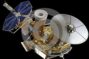 close-up of satellite and spacecraft components, with visible sensors, thrusters and antennas