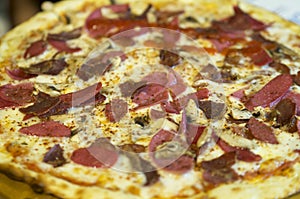 Close-up of sausage, bacon, ham, yellow cheese and mushroom pizza. On hot pizza spices scattered