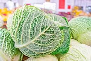 Close up of savoy cabbage a green variety of cabbage, with thick, textured leaf veins showing, being sold at a farmer`s market