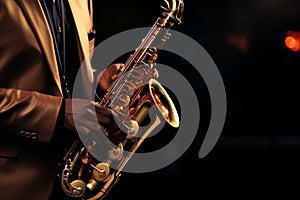 Close-up of saxophonist playing saxophone at world jazz festival, musician performing on stage