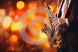 Close-up of saxophonists hands playing at jazz festival, musical background with copy space