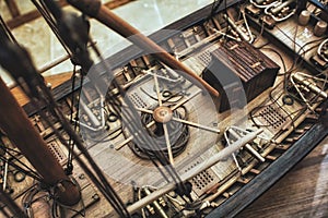 Close-up of a scale model sailing ship made from balsa wood