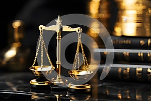 Close up of scales of justice. Scales for weighing, libra, justice isolated on gold black background