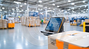 Close-up of scanner display with inventory data in warehouse.