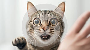 Close-up of a scared tabby cat with wide eyes reacting to an approaching hand in a minimalist white setting photo