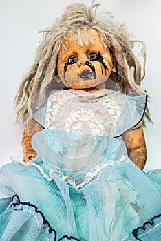 Close up of scary baby doll of halloween