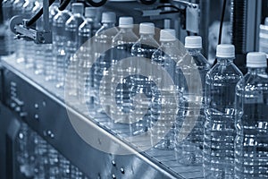 Close up scene of the empty drinking water bottles  on the conveyor belt for filling process