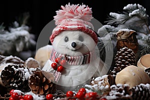 Close up scene a snowman with a chic winter ensemble accented by snow covered pinecones and berries, AI Generated