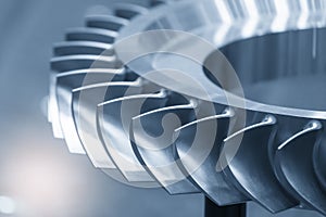 Close up scene the jet engine parts in the light blue scene