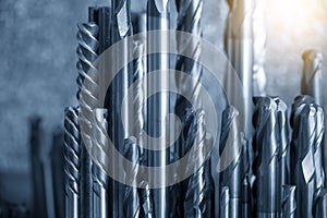 Close-up scene of the solid endmill tools for CNC milling machine in the light blue scene.