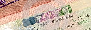 Close up Schengen visa in the passport