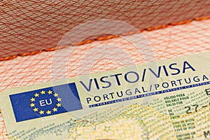 Close up Schengen visa of Portugal in the passport