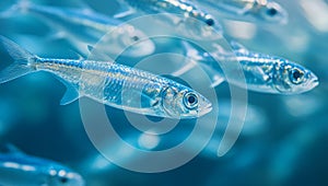 Close-up of a school of sardines in the sea. Generative AI.