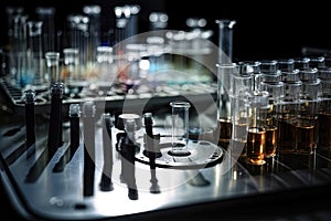 close-up of scientific equipment, with the focus on a variety of test tubes and beakers