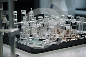close-up of scientific equipment, with the focus on a variety of test tubes and beakers