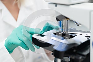 Close up scientist examining samples using optical microscope