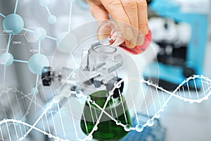 Close up of scientist filling test tubes in lab