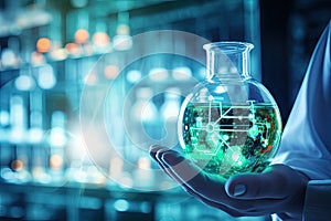 Close up of scientist hand holding flask with green glowing network hologram, hand of scientist holding flask with lab glassware