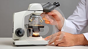 Close Up of Scientist Hands Using a Microscope in a Laboratory Setting