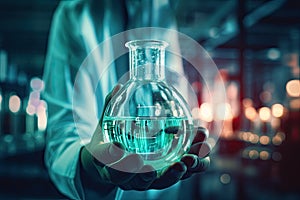 Close up of scientist holding flask with green liquid in laboratory. Mixed media, hand of scientist holding flask with lab