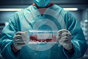 Close-up of scientist holding test tube with blood sample in laboratory