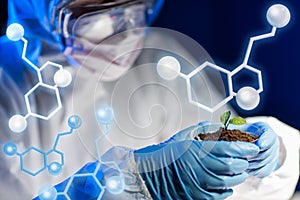 Close up of scientist with plant and soil in lab