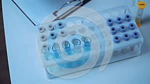 Close-up of scientists hand in blue latex gloves examines samples chemical liquid in test tube in science laboratory