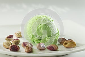 Close up of Scoop of delicious real fresh ice cream in Pistachio flavour.
