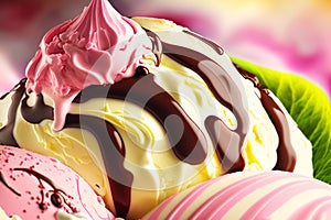 Close up of scoop of ice cream with chocolate and pink icing. Generative AI