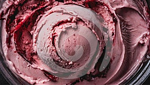 Close-up of scoops of raspberry ice cream with raspberry sauce
