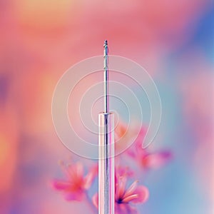 Close up of a screwdriver with pink flowers in the background.