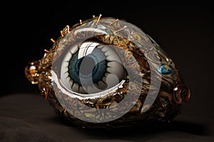 a close up of a sculpture of an eye with spikes on it\'s iris and eyeshade, with a black background behind it