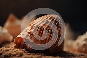 a close up of a sea shell on the sand with other shells in the background