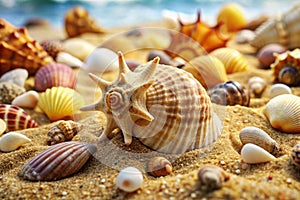 Sea shell on sand. Sea shells with sand as background
