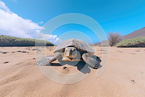 A close up of a sea turtle on a beach with a blurred background. AIG51A