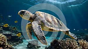 A close up of a sea turtle swimming under sea