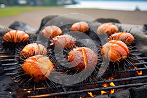 close-up of sea urchins grilling on a beach bbq