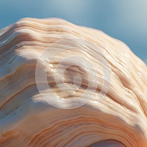 Close-up of a seashell with a smooth, glossy surface and layered texture. The shell is