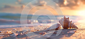 Close-up of seashells on the sand against the background of the ocean in the gentle rays of the setting sun ,the concept of